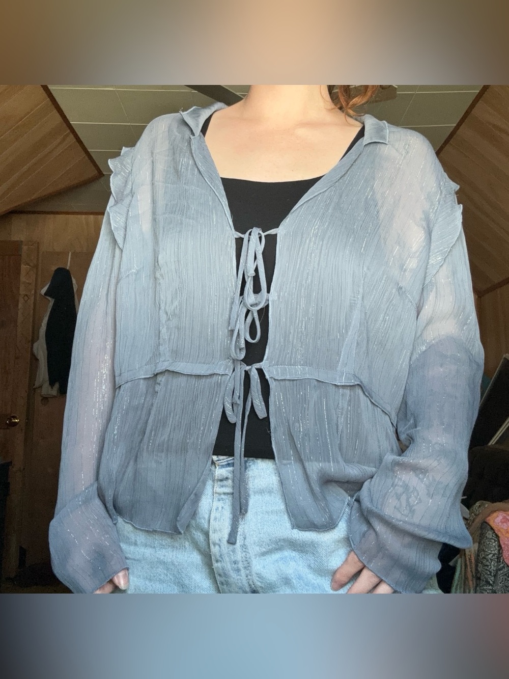 Leyden Blue Grey Shimmery Sheer Tie Front Ruffled Long Sleeve Blouse Cardigan